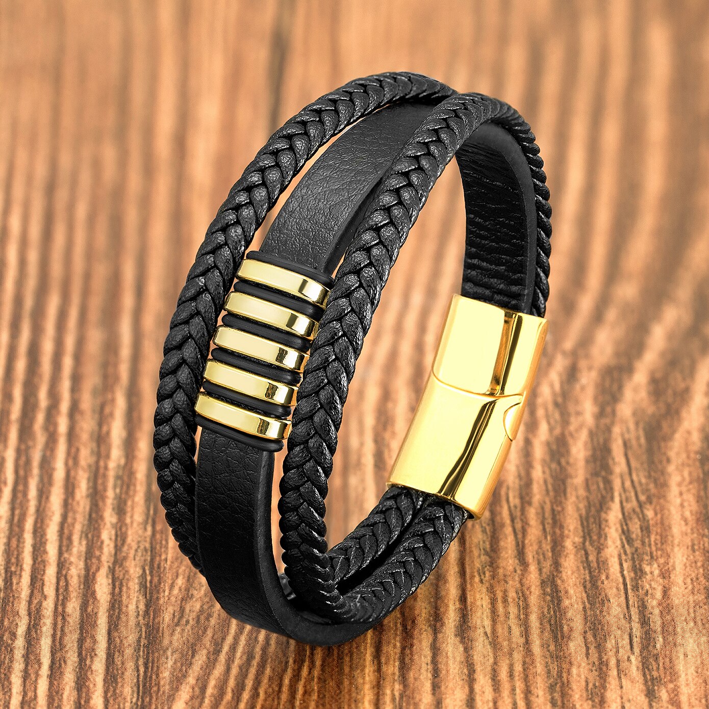 Punk Multilayer Lederen Mannen Armbanden Classic Rvs Armband Voor Mannen Charme Mannelijke Sieraden Accessoires Vriendschap: Gold Metal / 21cm