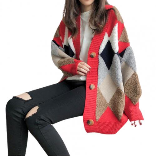 Women Sweaters Cardigan Coat Rhombus Pattern Long Sleeve Buttons Knitted Cardigan Sweaters for Women Autumn Cardigan Knitwear: Red