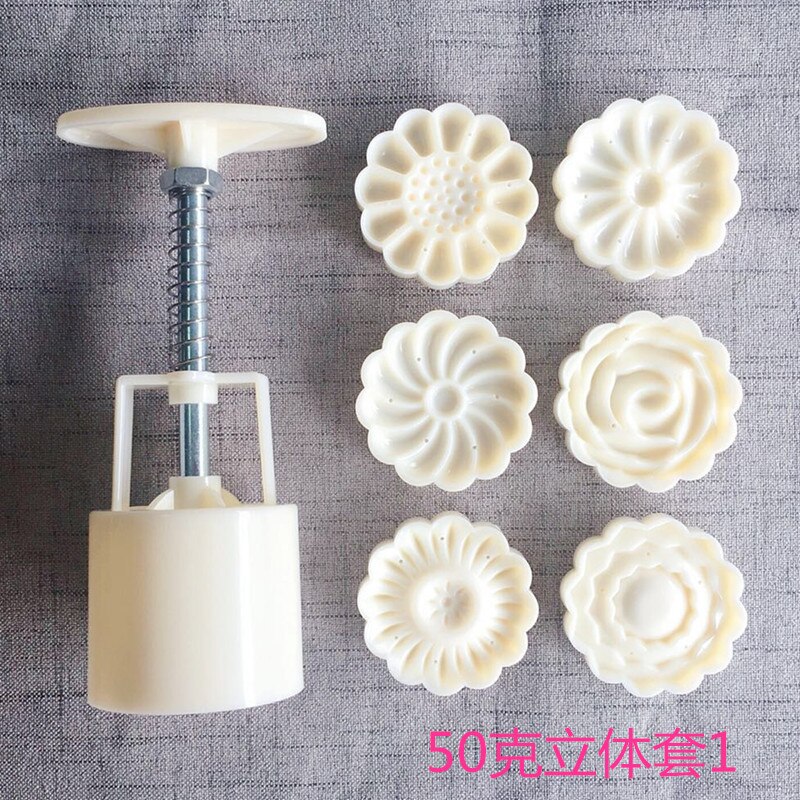 50G 3D Chinese Maan Cake Mallen Plastic Mooncake Mallen Set Hand Druk Cookie Vorm 6 Witte Chrysant Bloemen Mooncake postzegels