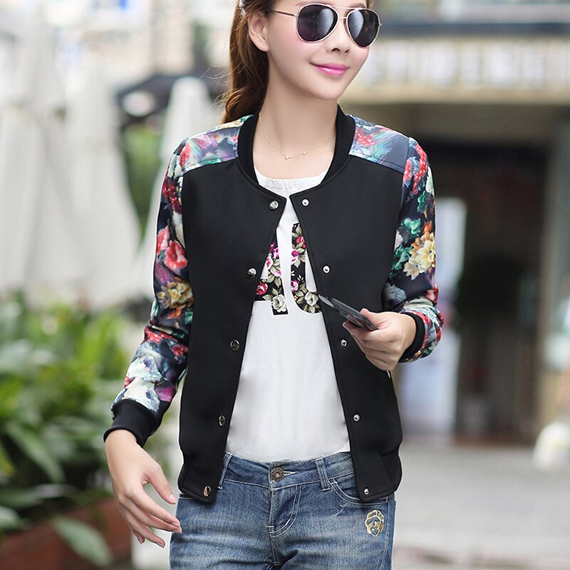 Zomerprint bomberjack dames dunne dames retrojas lange mouwen basic jassen dames plus size kleding: Zwart / Ik