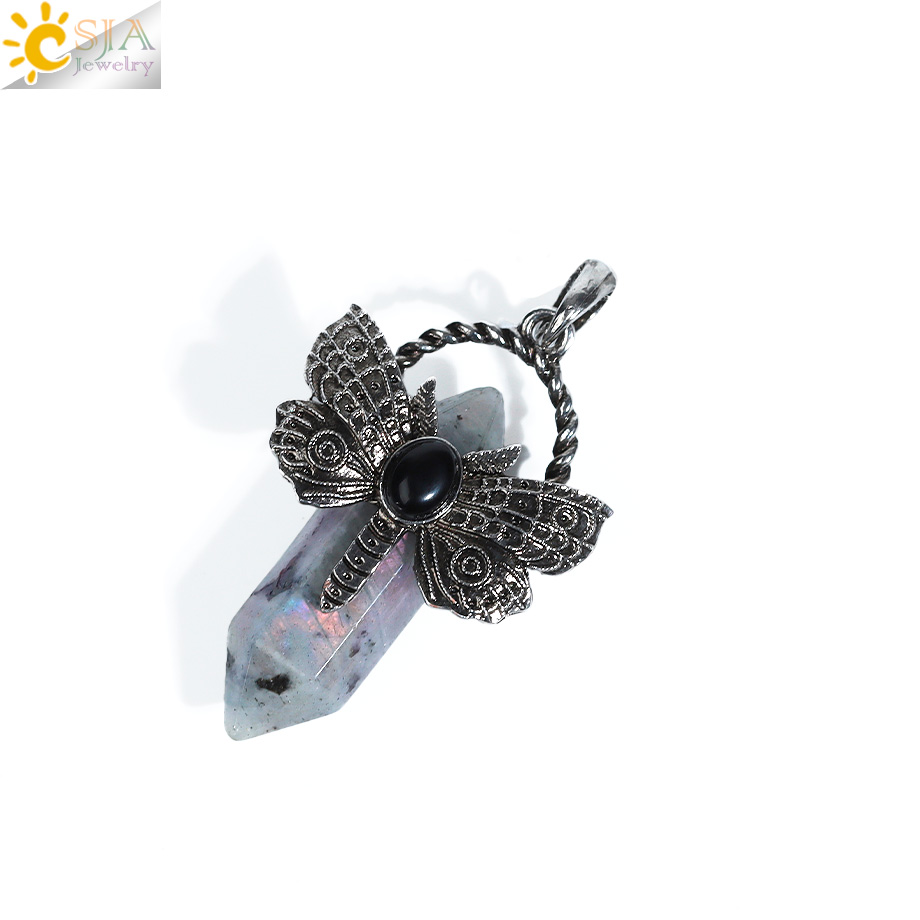 Collar de libélula, colgante de cristal de piedra Natural, fluorita curativa, labradorita, cristal blanco, labradorita, amatistas, joyería H479: Zinc negro plateado