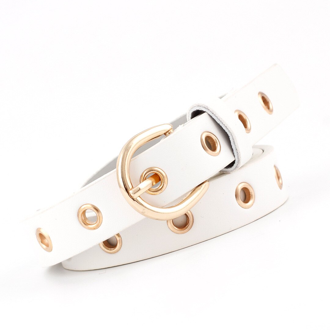 Cinturón de cuero con agujeros de ojal para mujer, cinturón ajustable con ojal fino y estrecho: Blanco