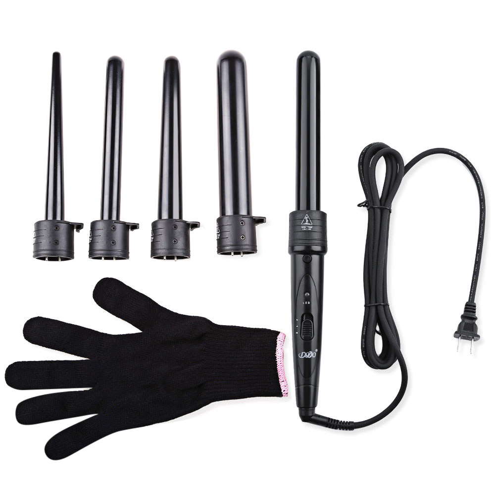 DODO Pro 5 Deel Verwisselbare Haar Krultang Machine Keramische Haar Krultang Multi-size Roller Hittebestendige Handschoen Styling set: Black / VS