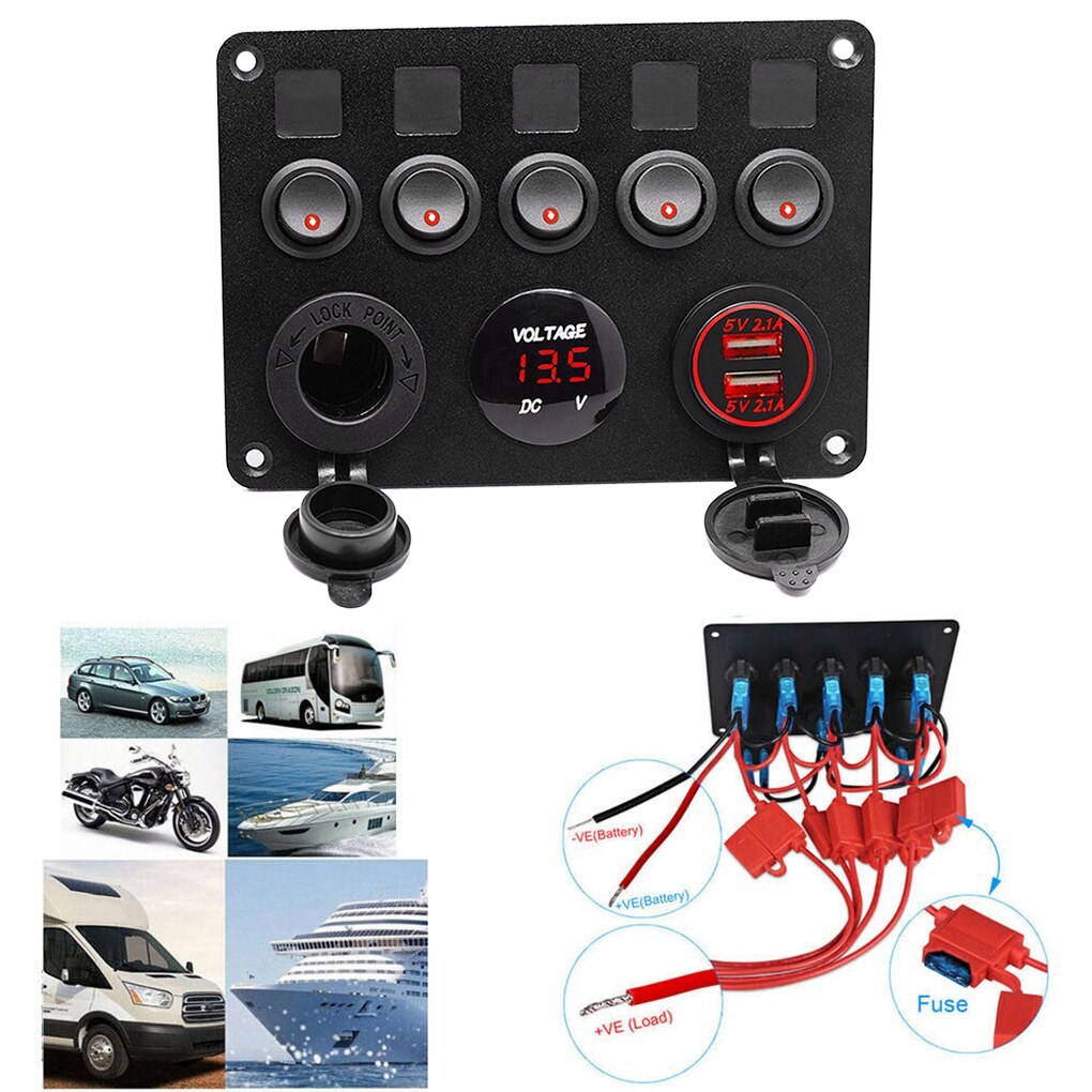 Switch Panel Boat 5 Gang Rocker Switch Dual USB Port LED Dashboard Auto Motorcycle Universal Accessory