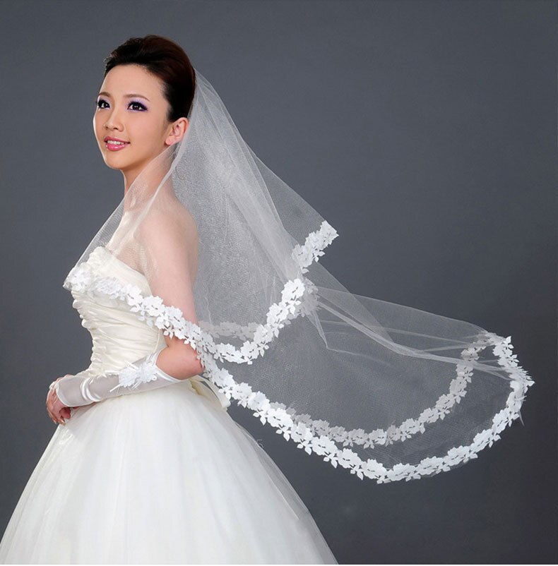 Simple Tulle White Ivory ONE Layer Bridal Veil with Appliques Bride Accessories Short Women Veils