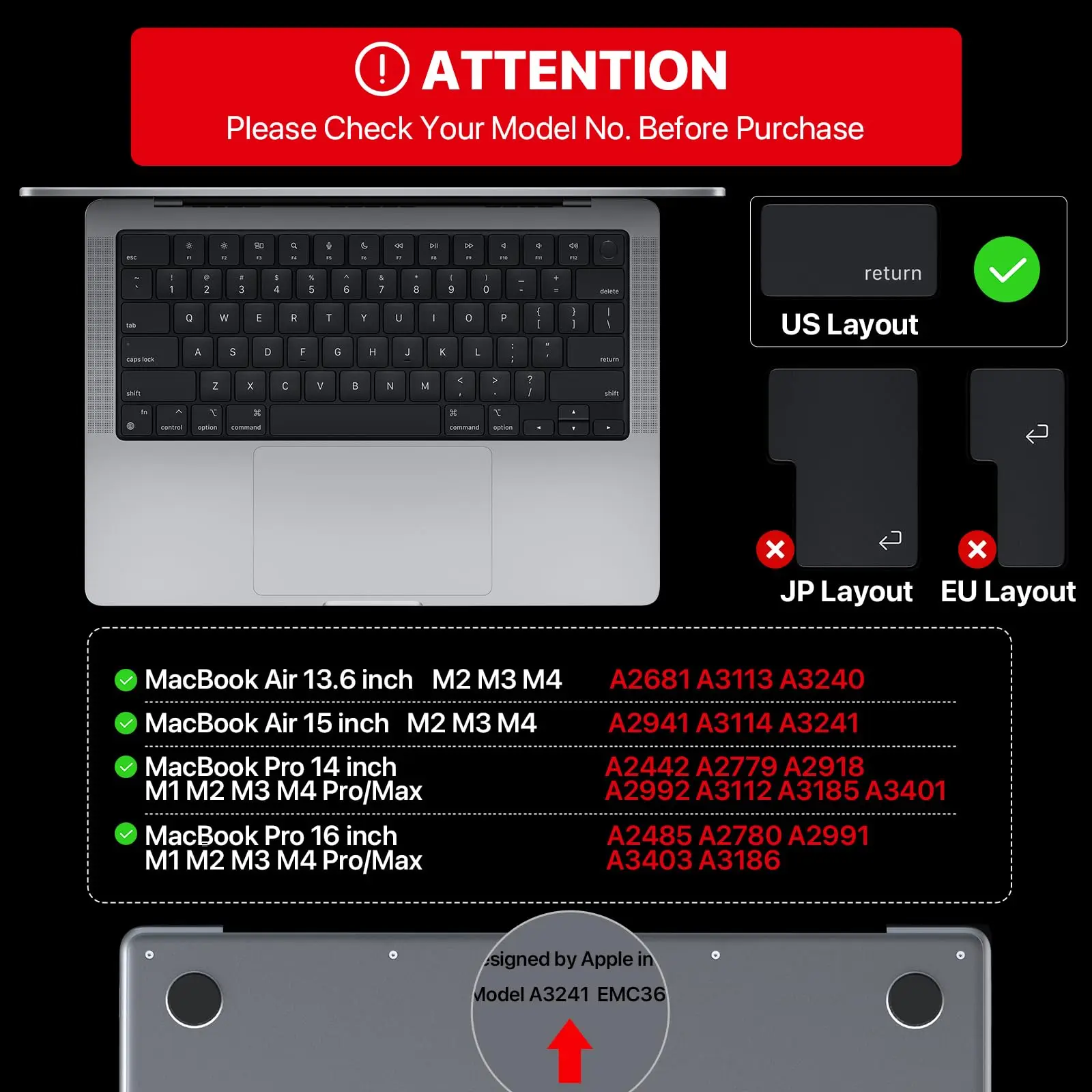 Premium Keyboard Cover Skin Ultra Thin dla MacBook Air 15" M3 M2 A3114 A2941, Air 13.6" A3113 A2681, Pro 14" 16" A2918 A2779