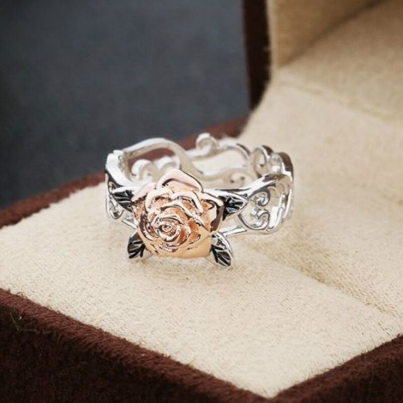 Rose Gold Plated Flower Ring European and Beautiful Women Retro Silver Plated Color Separation Ring Hand Jewelry