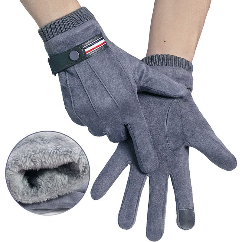 Men Winter Sport Riding Windproof Nonslip Touch Screen Warm Glove Suede Leather Plus Velvet Thick Full Finger Driving Mitten M94: Gray
