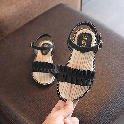 Princess Sandal Flower PU Flat Open Toe Casual Sandal Princess Birthday Party Sandals Shoes For Kids Girl: Black / 5.5