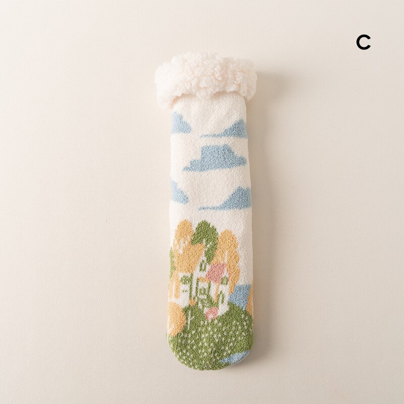Meias quentes bonitos do inverno feminino com anti deslizamento inferior fuzzy floor socks colorido m09: C