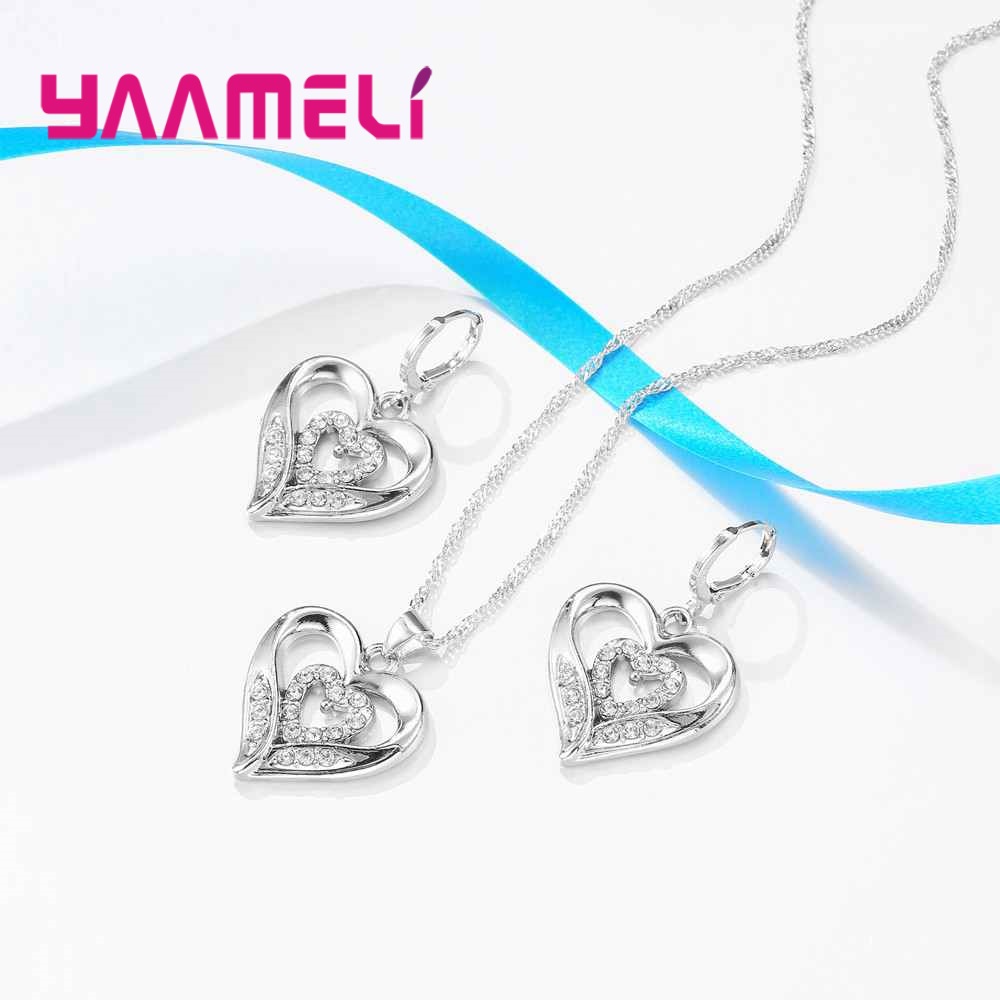 Romantische Stil Doppel Liebe bilden Valentinstag Hochzeit Souvenir 925 Sterling Silber Für Frauen Halskette Ohrringe einstellen