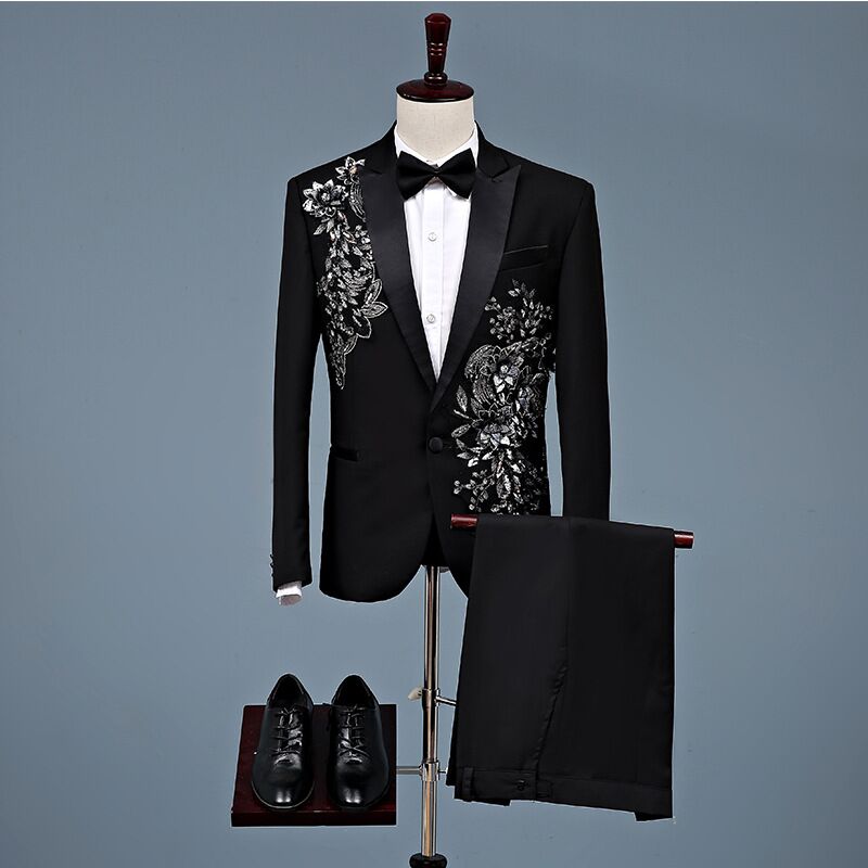Nova chegada dos homens à moda bordado preto tira floral padrão 2 conjuntos ternos de palco cantor casamento noivo jaqueta calças 2 peças: S