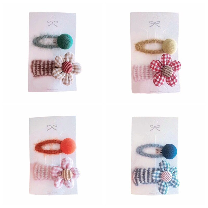 Hair Pin 2 Pcs Cloth Baby Girls Plaid Flower Hairpin Button Ball Hair Accessories Side Clip