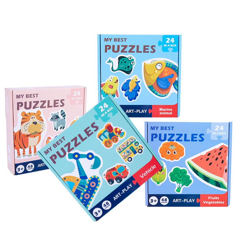 48Pcs educazione della prima infanzia Puzzle cognitivi traffico animale marino verdure frutta bambino scatola regalo portatile Puzzle
