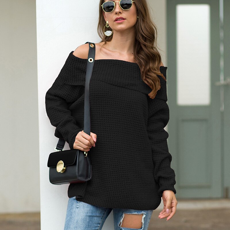 Off shoulder trøjer dame slash neck løs afslappet street wear ensfarvet tøj dame efterår vinter