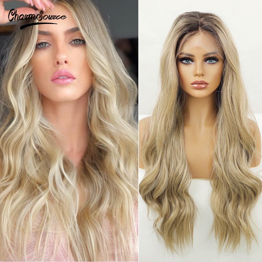 CharmSource Long Natural Wavy Lace Part Synthetic Wigs Light White Blonde for Women Daily Hair High Density Heat Resistant Wig: BL66033-1