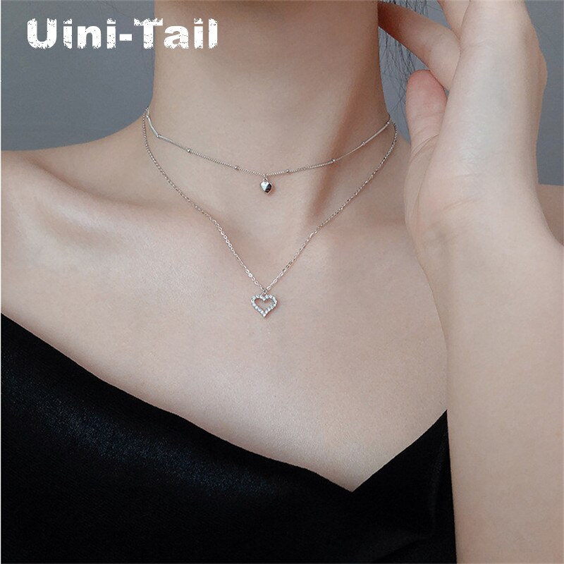 Uini-collier en argent sterling 925, double cœur, micro-incrusté, collier, simple, doux, tendance, tendance, tendance