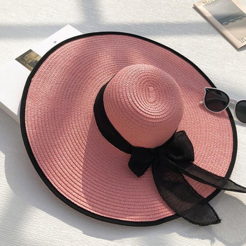 Zomer Panama Hoed Grote Rand Strooien Hoed Floppy Wide Brim Zon Hoeden Strik Strand Opvouwbare Hoeden Caps Voor Vrouwen Chapeu feminino: Pink