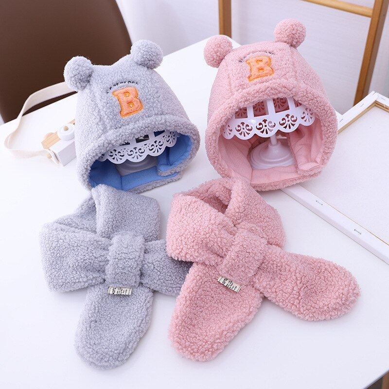 Doitbest vindtät baby barn mössa två bollar b bokstäver lammull varma pojkstickade mössor vinter 2 st pojke tjej mössa scarf set