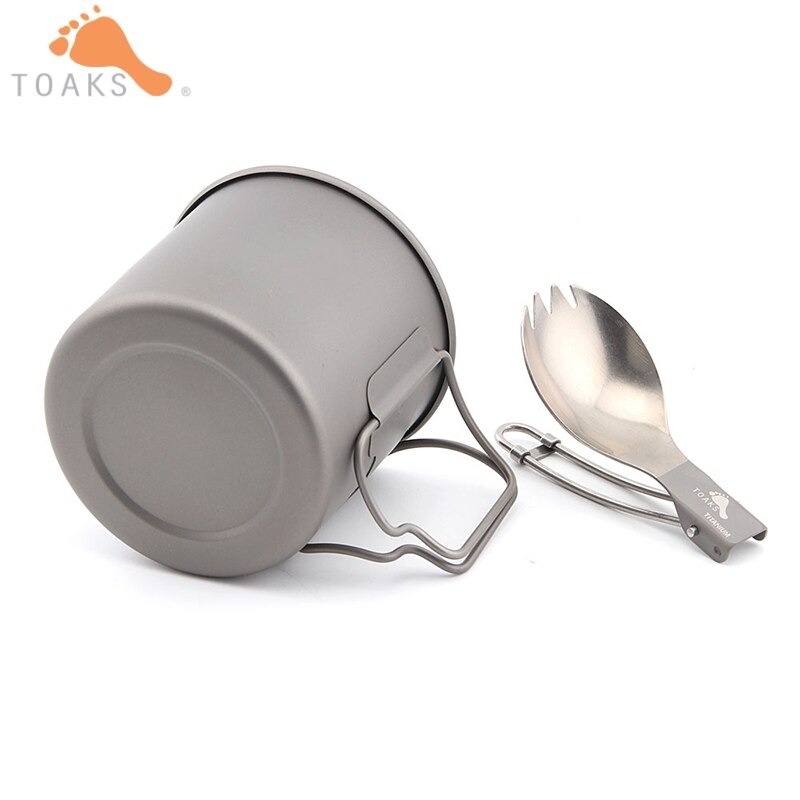 TOAKS Pure Titanium Cup Ultralight Outdoor Mug without Lid and Foldable Handle Camping Tableware Folding Spoon 375ml 450ml