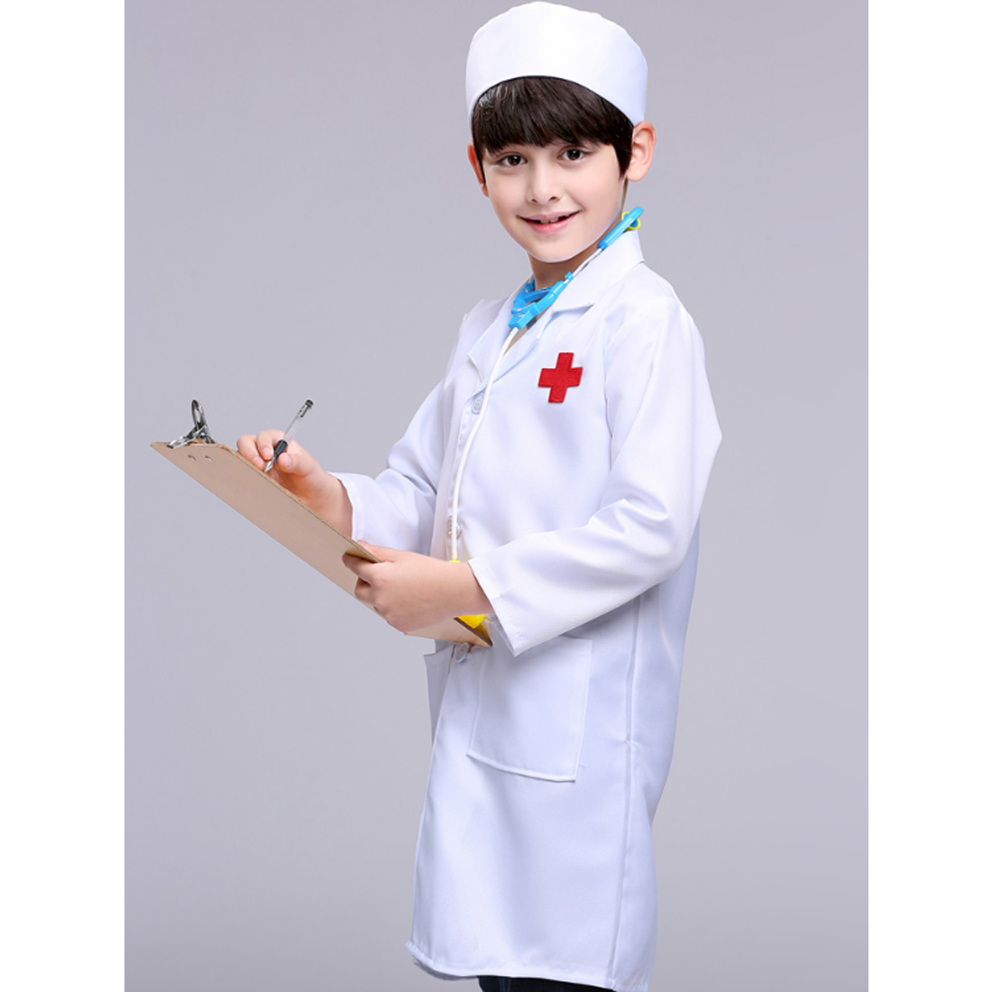 Dokter rollenspel, dokterskostuum voor 90/110/130 cm kinderen, lange mouwen en pet