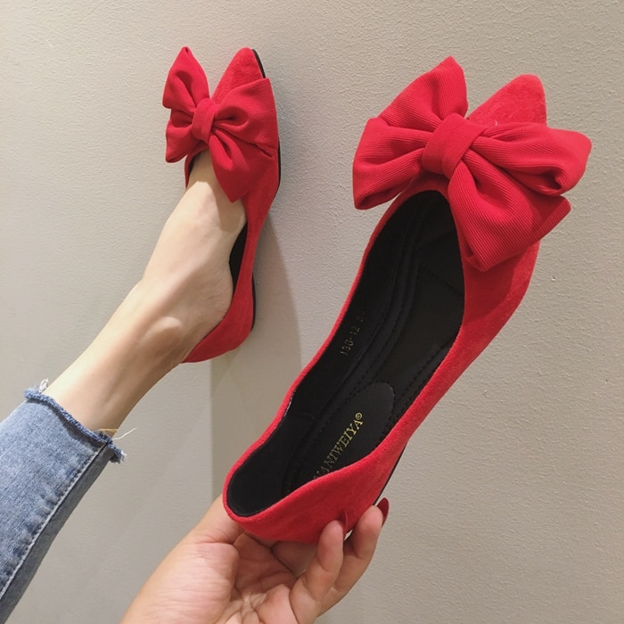 big bowknot sping single shoes woman suede leather shallow mouth ballet flats solid color scarpe donna loafers women