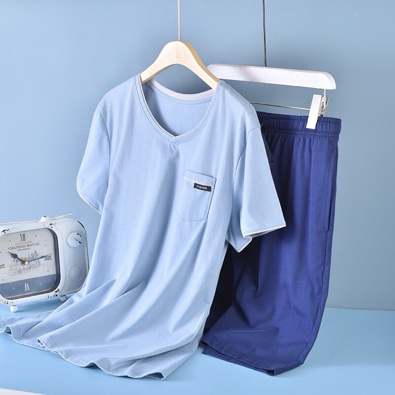 Marvmys Pyjama's voor heren, zomer, kort, katoen, licht, tweedelig, V-hals, korte mouwen, T-shirt met borstzak, camouflage-shorts, S-3XL, Stijl A, M