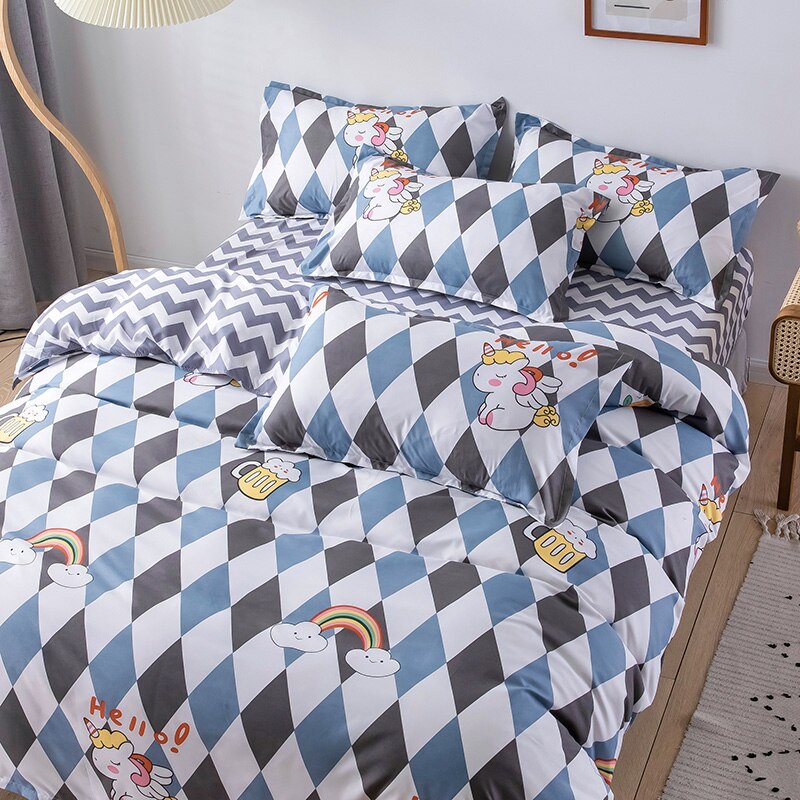 Grid Bedding Set, Duvet Cover Pillowcase 3pcs 220x240,135x200 Child Quilt Cover,Unicorn Pattern Double Queen King Size Bed Sets