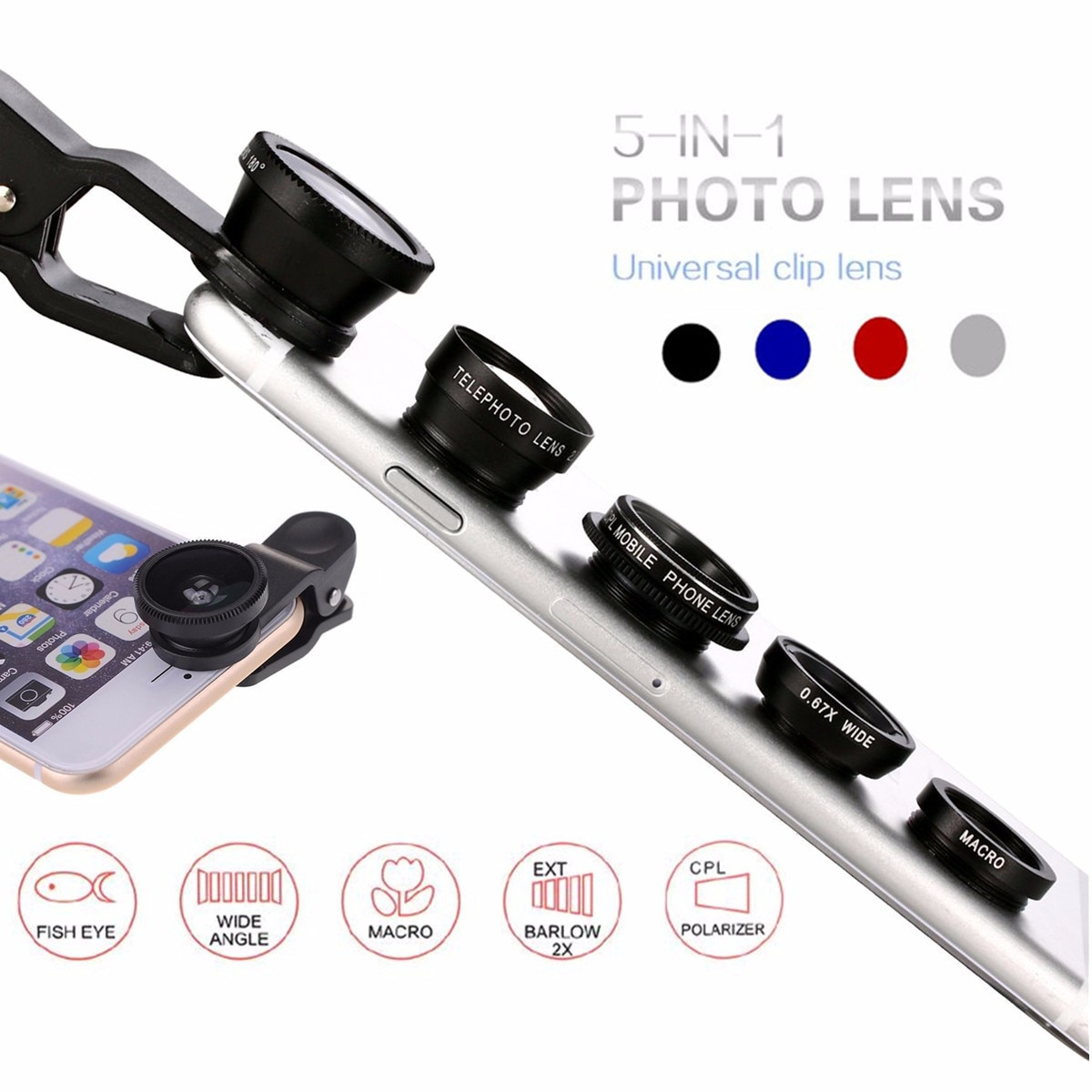 5-en-1 grand Angle Macro Fisheye lentille 2x grossissement caméra Kits téléphone portable poisson yeux lentilles avec pince pour iPhone pour Samsung