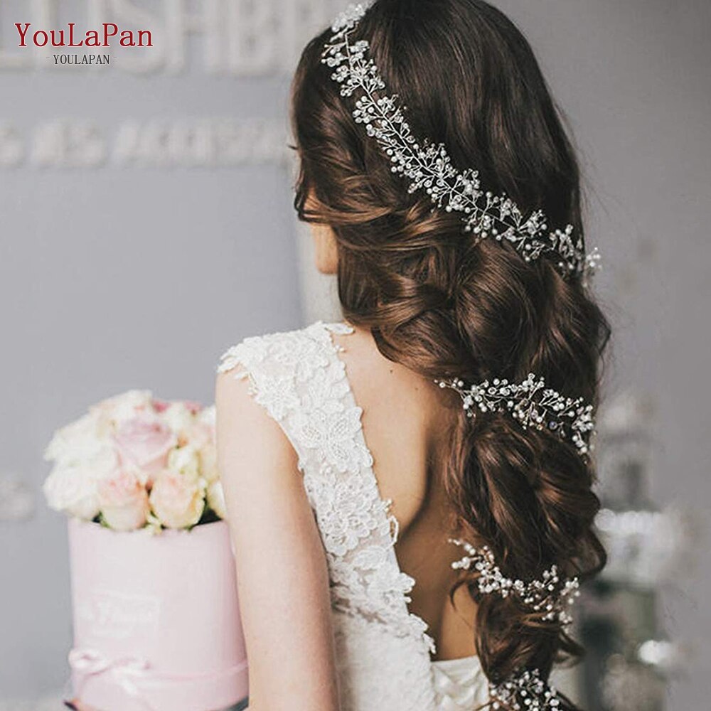 Topqueen HP120-S Bruiloft Haar Wijnstok Bruids Haar Accessoire Bruids Hoofddeksel Handgemaakte Parels En Crystal Kralen Zilver Kleur