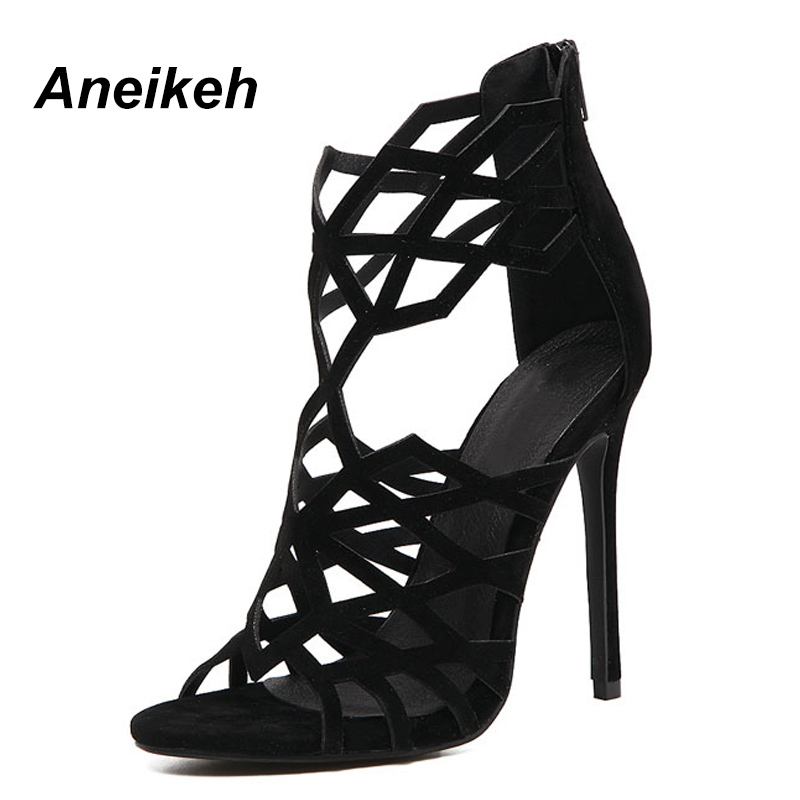 Aneikeh Sandalen Vrouwen Hoge Hakken Zomer Mode Vrouwen Sandalen Black Cut-outs Sandalias Mujer Maat 35-40 party schoen 552