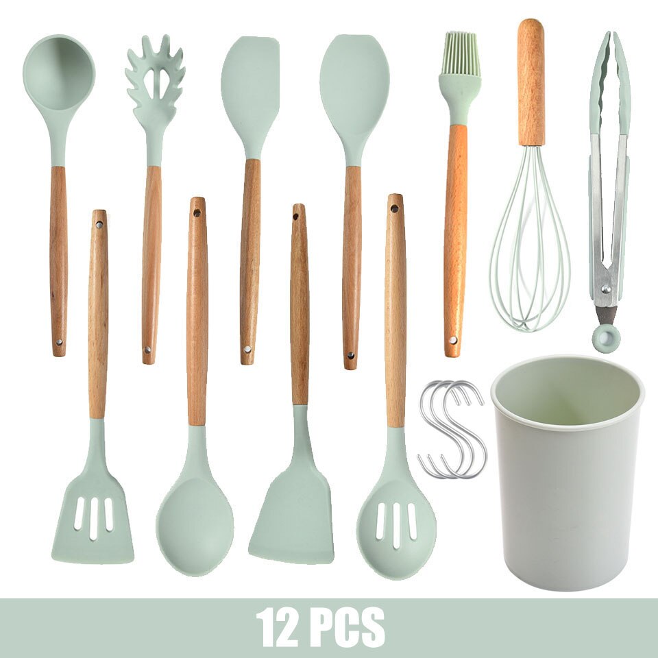 9/10/11/12PCS Kitchen Cooking Tools Set Silicone Utensils Set Turner Tongs Spatula Soup Spoon Non-stick Shovel Oil Brush: 12PCS B