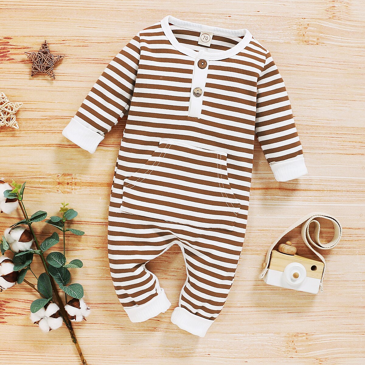 Combinaison à manches longues pour -né, barboteuse rayée, avec poche, vêtements pour bébés garçons et filles, automne