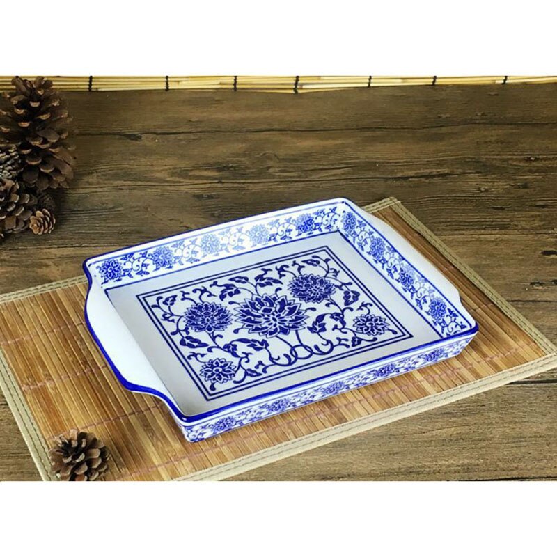 Ceramic tray storage tray rectangular retro blue and white porcelain household tea set wine tray