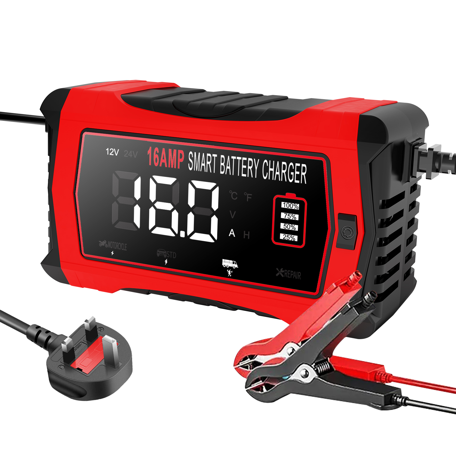 Caricabatteria per auto di riparazione universale 12V 16A 24V/10A Caricatore per moto di riparazione intelligente per batteria al piombo AGM gel LiFePO4: Lavanda