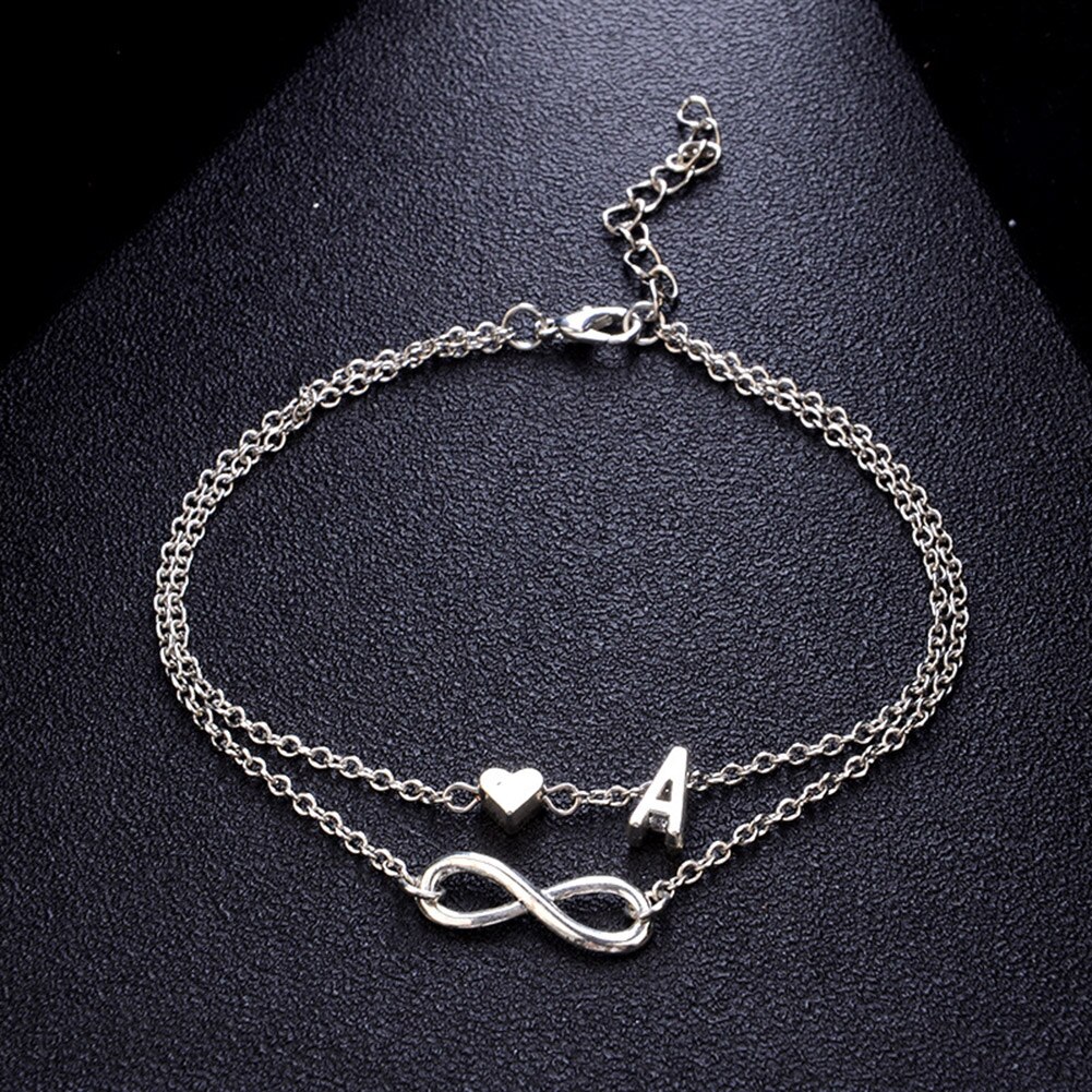 Vintage Silver Heart Anklet Bohemian Letter Ankle Bracelet for Women Multilayer Infinity Barefoot Sandals Foot Jewelry Leg Chain