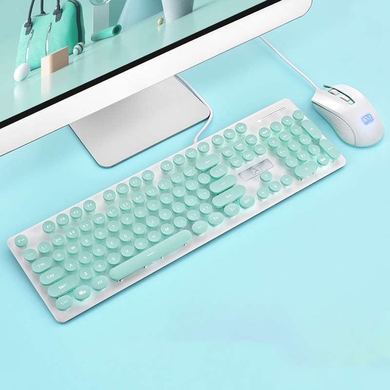 Portable Retro Keyboard Mouse Kit Wired Gaming Keyboard with Round Key Cap Multimedia Button Keyboard Mouse Set: Blue