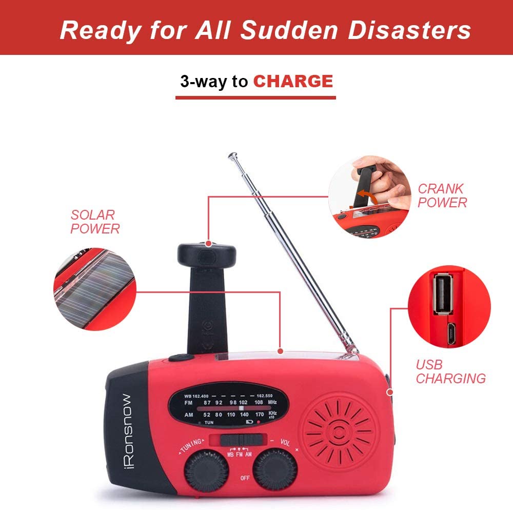 Solar Emergency NOAA Weather Radio Dynamo Self Powered AM FM WB Radios 3 LED Flashlight 1000mAh Smart Phone Charger Power Bank