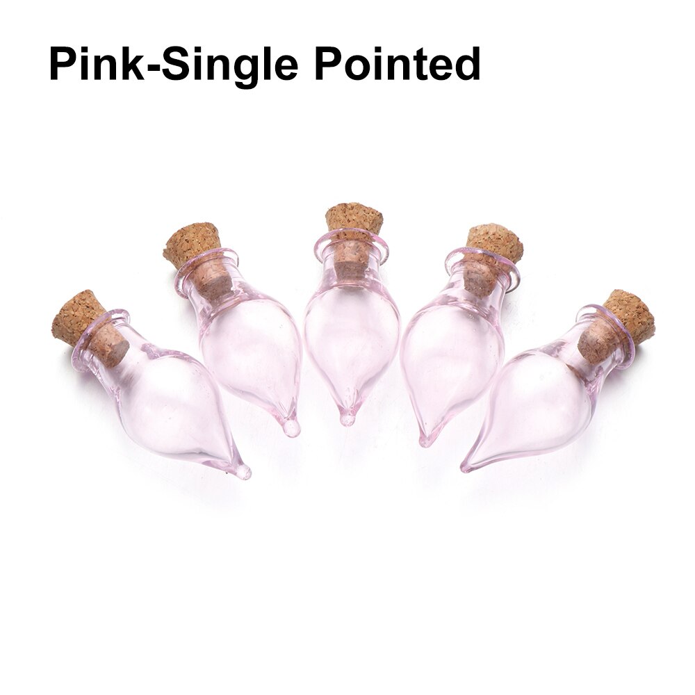 5pcs/pack Mini Glass Cork Bottles Empty Sample Jars Wishing Bottle Wedding Home Decoration Pendants Cork Stopper Storage Vial: Pink-Single Pointed