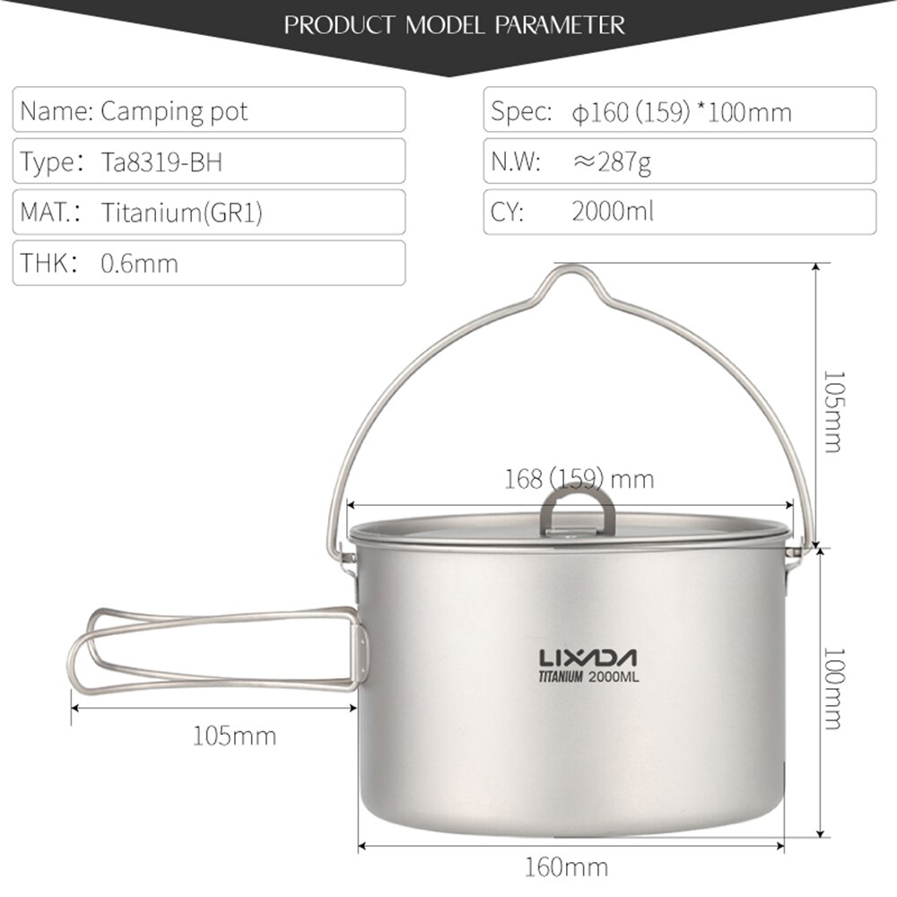 Lixada 2L Titanium Pot Lightweight Outdoor Cup Camping Cooking Pot with Foldable Handles and Lid for Camping Hiking Picnic: With Handles 