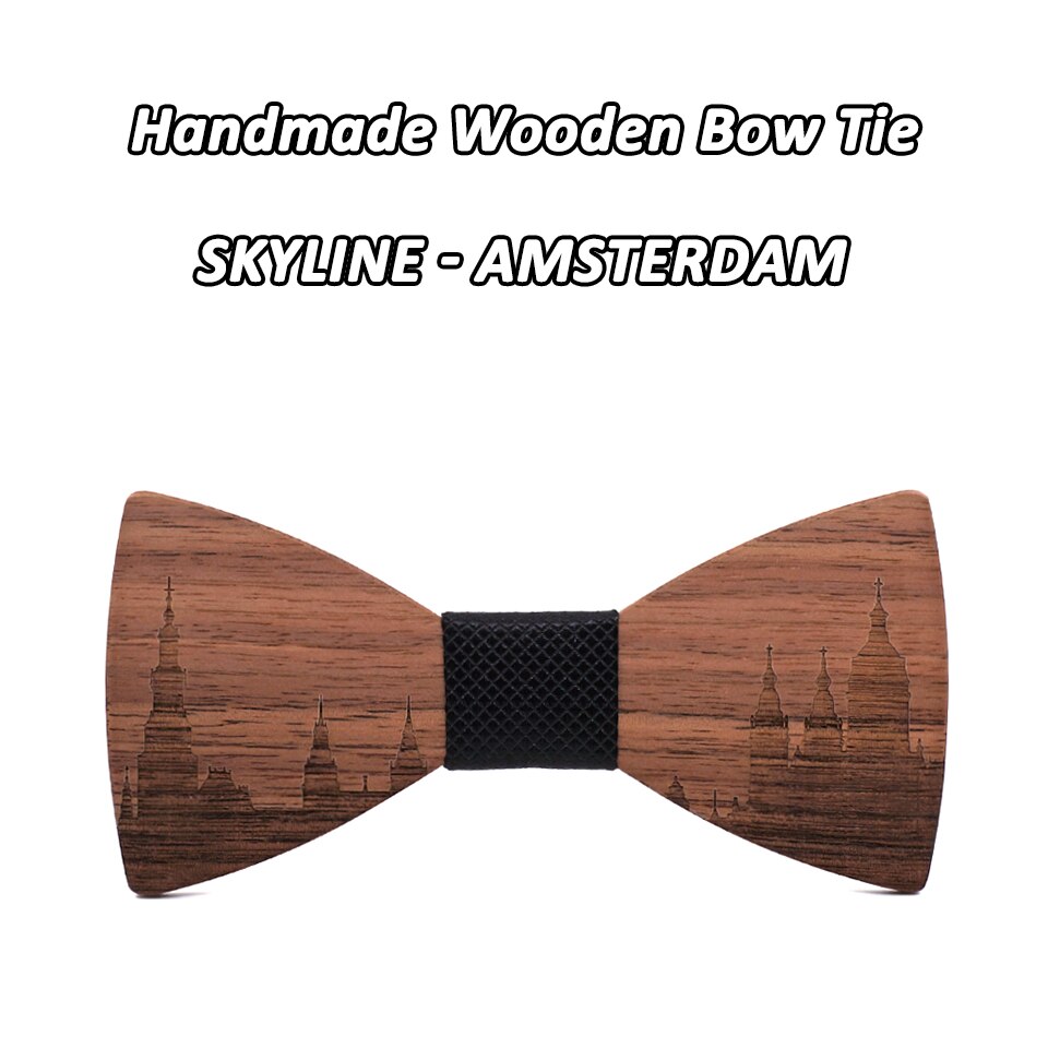 Mahoosive-pajaritas de madera hechas a mano para hombre, conjunto de corbatas de madera, corbata de mariposa, corbatas Skyline para hombre, gemelos, pañuelo, novedad: AMSTERDAM