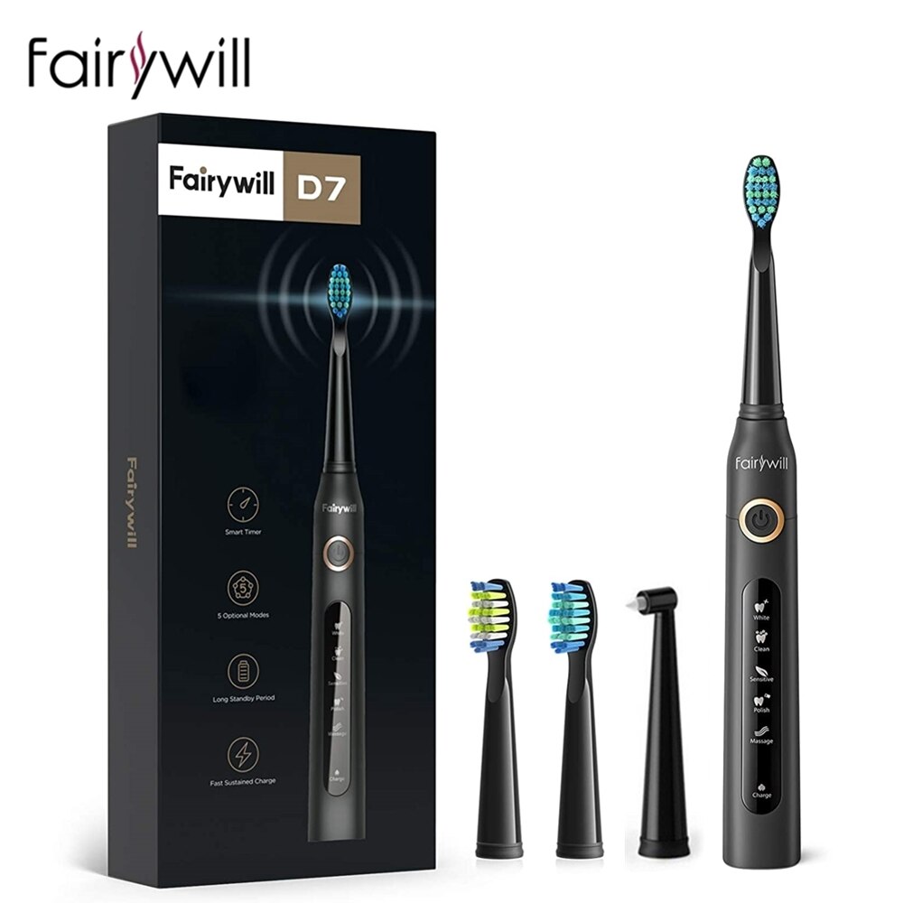 Fairywill FW-507 Electric Sonic Toothbrush Waterproof USB Charge Rechargeable Adult Electronic Tooth 8 Brushes Replacement Heads