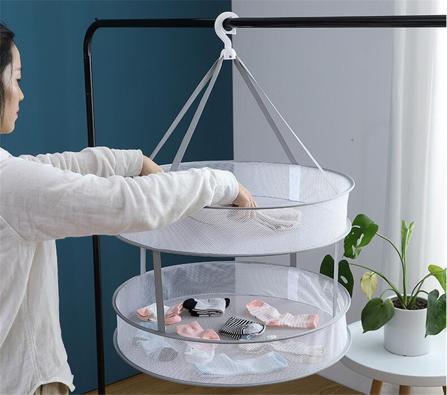 Windproof Clothes Dryer Drying Rack for Sweaters Hanging Laundry Basket Mesh Folding Nets Double Layer