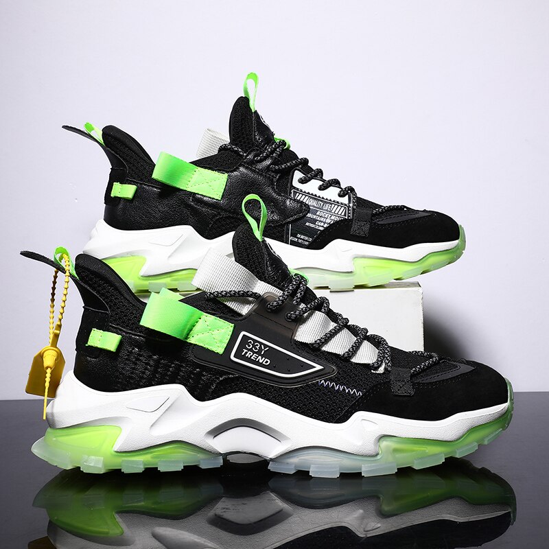Hemmyi Chunky Sneakers mężczyźni odkryty platformy buty człowiek oddychające sznurowane męskie buty sportowe połączenie podeszwa wsparcie Dropshipping: black green / 9.5