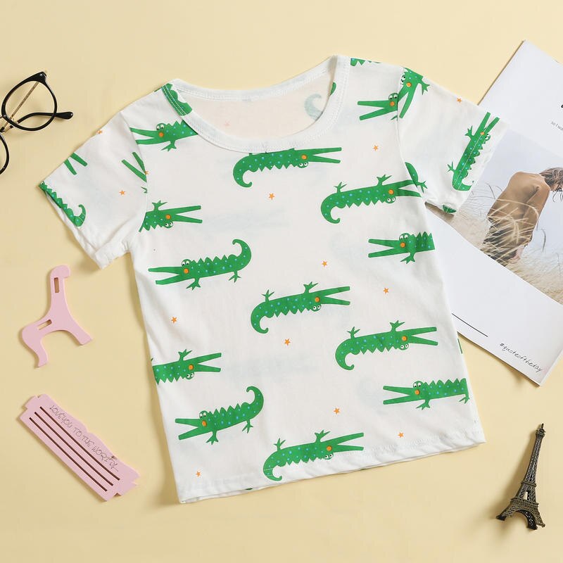 Boys Cute Summer Nightwears Crocodile Printing Comfort Short Sleeve T-Shirts And Shorts 2 Piece Lightweight Sleepwears