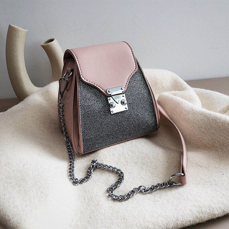 Contrast color Bucket bag PU Leather Women's Handbag Lock Chain Shoulder Messenger Bag: Pink