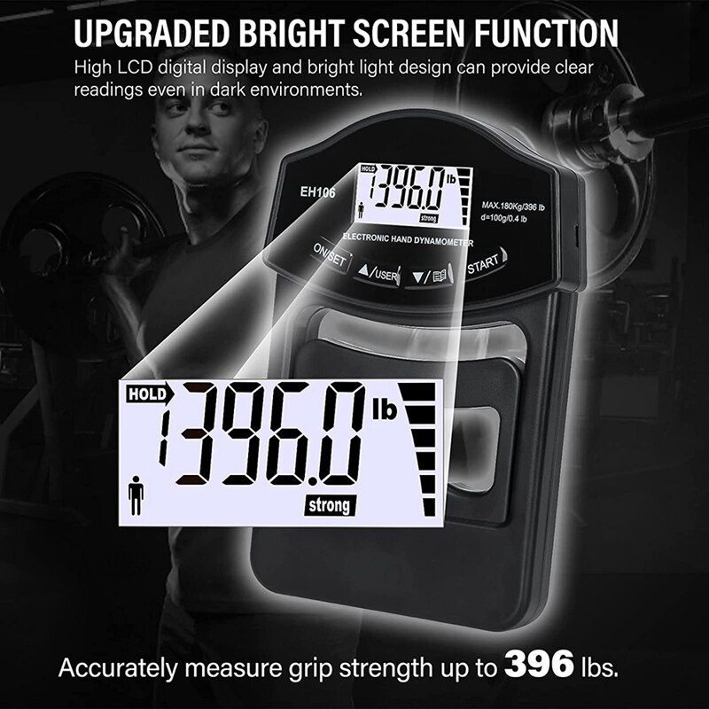 Probador de fuerza de agarre, dinamómetro de mano Digital 396Lbs/180Kg, medidor de fuerza de agarre con pantalla LCD USB, dinamómetro de agarre de mano