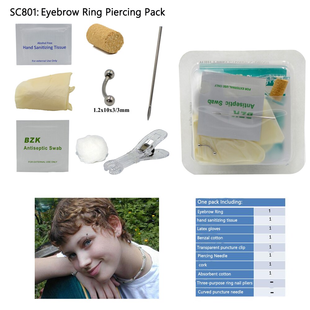 Kit de perçage de corps jetable Kit de perçage stérile médical pour oreille nez mamelon ventre nombril Septum Piercing outil Machine Kit: SC801 Eyebrow Ring