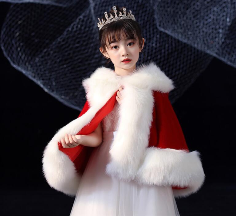 Petite fille mariage fourrure enveloppement hiver enfants bal fête manteau petits enfants châle avec capuche boléro: Rouge