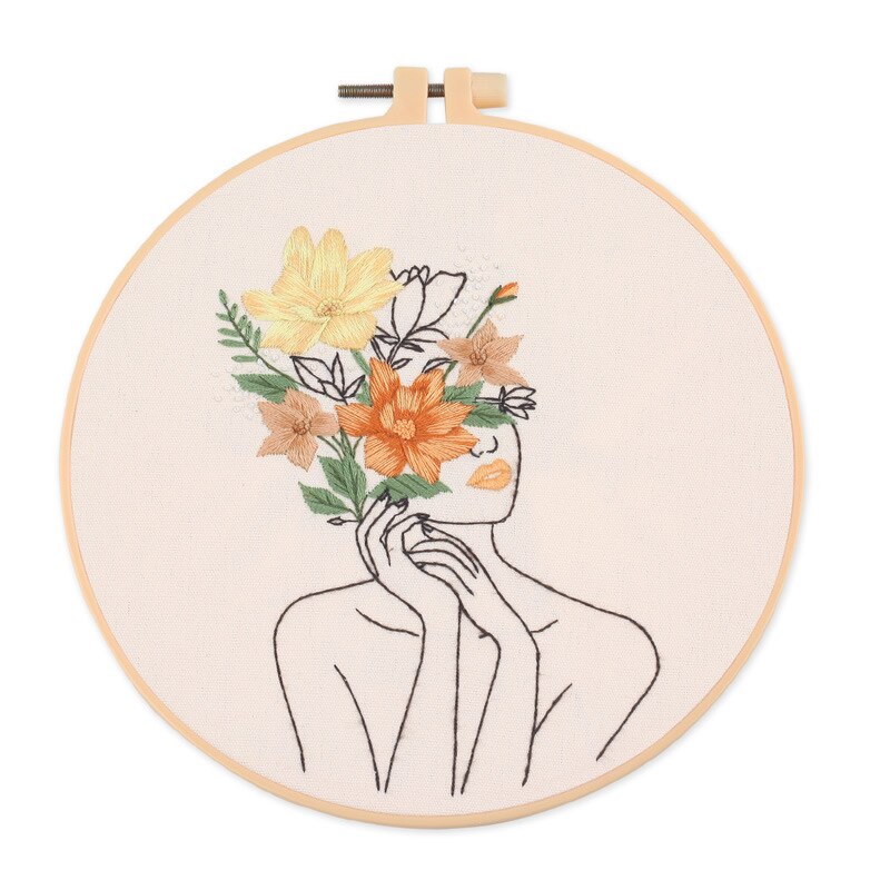 Flower Girl DIY Embroidery Start Kit with Hoop for Beginner Pattern Printed Figure Cross Stitch Sewing Art Craft: 2 / 20cm plastic hoop